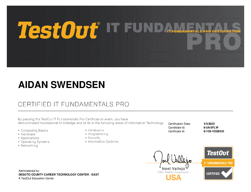 Testout IT Fundamentals Pro certificate